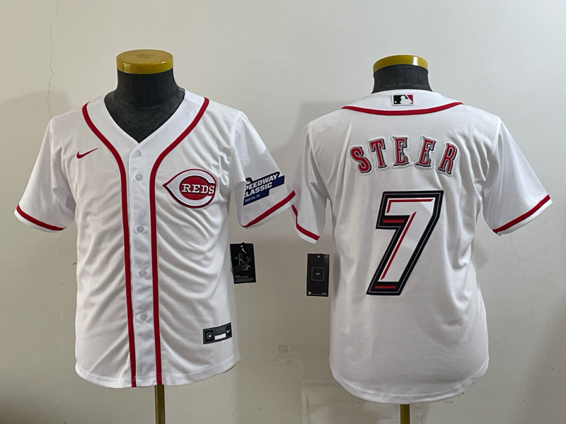 Youth Cincinnati Reds #7 Steer white Nike MLB 2025 Jersey 002